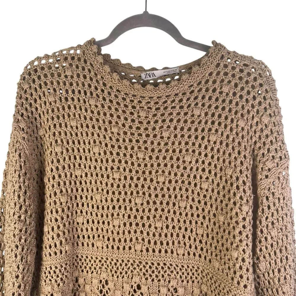 Zara Crochet‎ Knit Sweater Tan Boho Small Oversize Beachy Costal Flounce Sleeve
